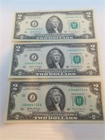 3 Consecutive Numbered $2.00 Bills