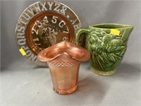 Stoneware Pitcher and Carnival Glass Vase