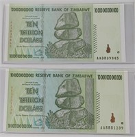 Pair Of Ten Trillion Dollar Zimbabwe Notes