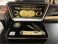 US MINT GOLDEN DOLLAR KNIFE AND COIN