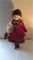 Porcelain Doll In Fur Cap & Red Overcoat/Dress