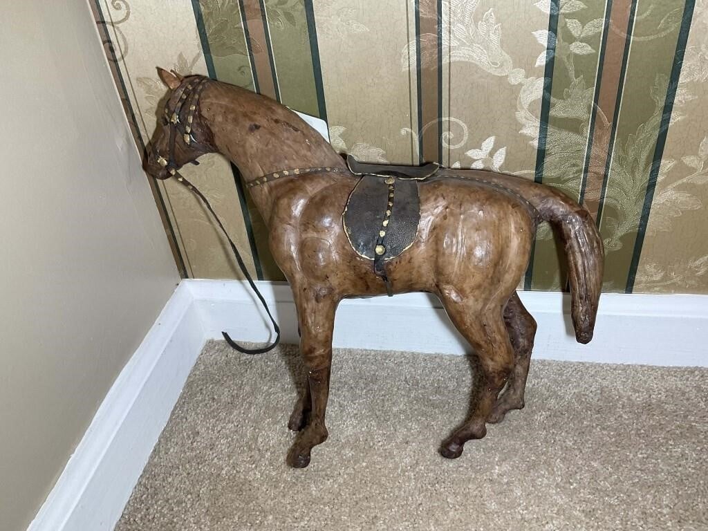 Leather horse statue, made in India. 12 in tall