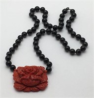 Coral & Onyx Beaded Necklace On Sterling Clasp