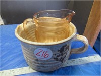 SM DEPRESSION GLASS PITCHER, POTTERY JUG STAMPED