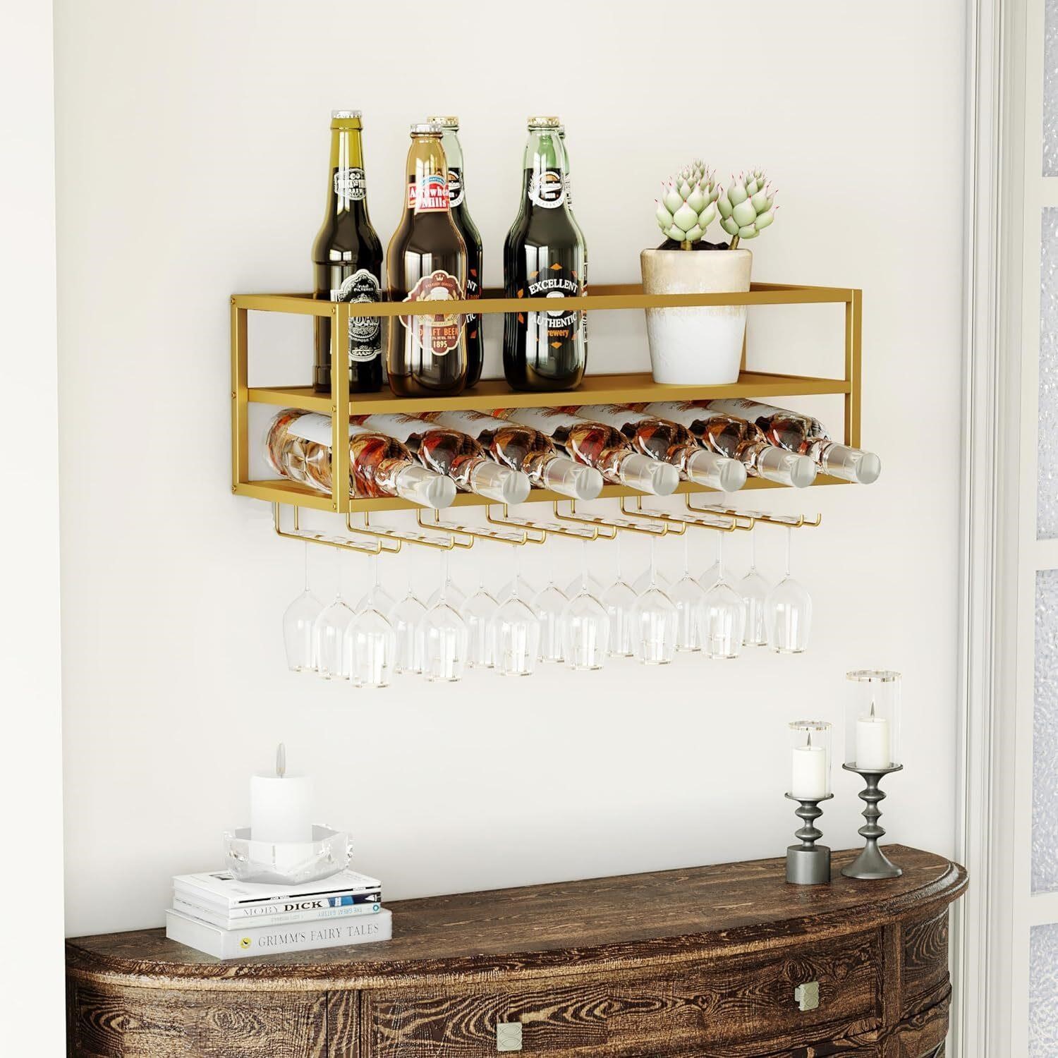 Gold Wall Mounted Wine Rack  2 Tier (Gold)