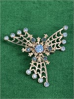 Vintage Art Deco Starburst Brooch Blue Rhinestone