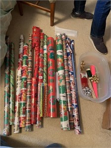 12+ ROLLS WRAPPING PAPER, WIRE, PACKING TAPE