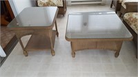 Brown Resin Wicker-Look Tables with Glass Tops (2)