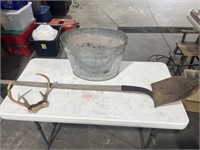 Spade shovel, galvanized bucket and deer antlers
