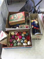 Nutcracker and 2 boxes vintage Christmas ornaments