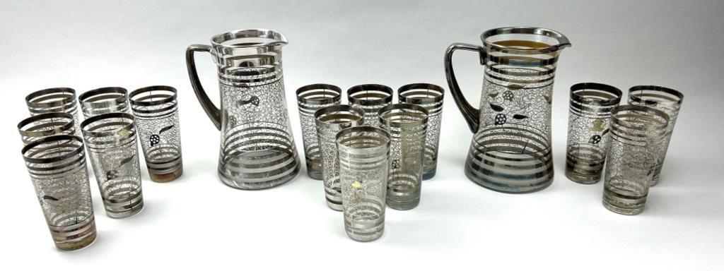 St. Graal France Argent Silver Overlay Glass Set.