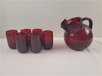 Ruby red glass pitcher and 6 glasses