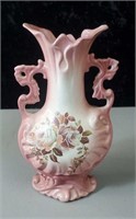 Double handled rose decal vase approx 9 inches