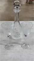 Horse Etched Crystal Decanter and Two Glasses
