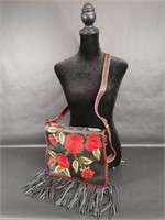 Isabella Fiore Floral Balck and Red Bag w Fringe