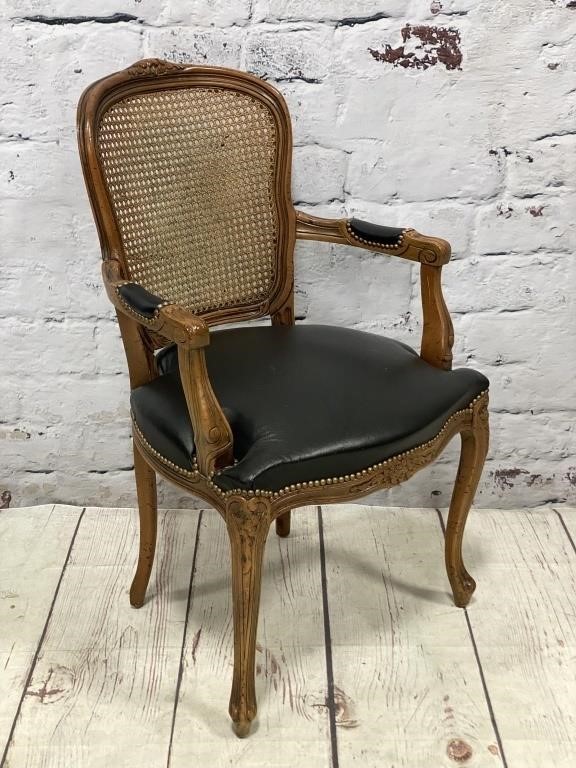 Vintage Cane Back Leather Chair w/ Nailhead Trim