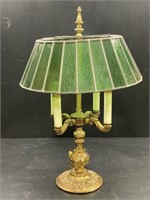 Brass Lamp w/ Green Stained Glass Shade