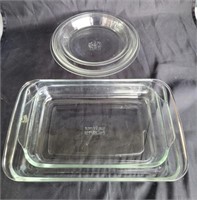 Pyrex glass pie pans and casserole dishes.