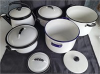 Enameled metal pots and pans.