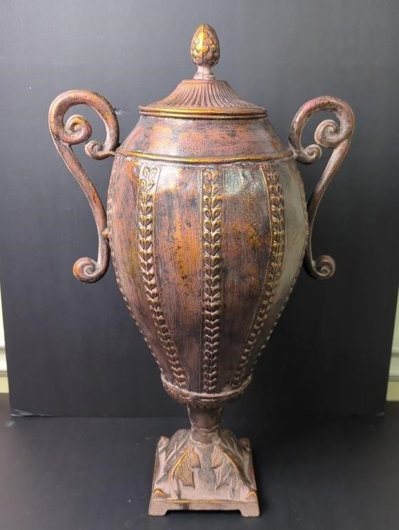 19" Faux Aged Metal Lidded Urn