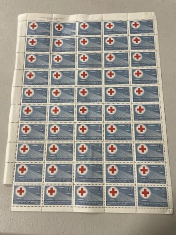 Sheet of Canada 4 Cent Red Cross Stamps