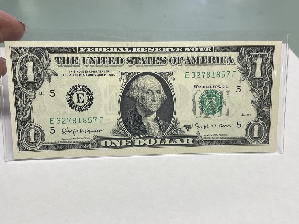 1963 B ONE DOLLAR BILL in plastic holder