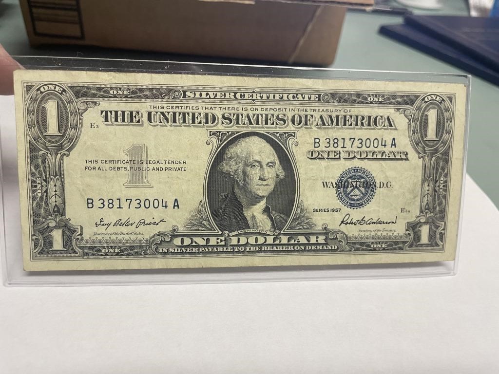 1957 e64 one dollar silver certificate in plastic