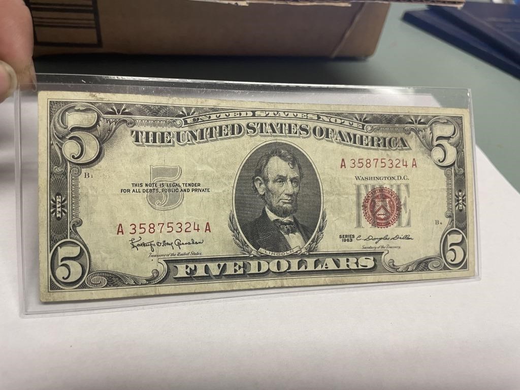 1963  five dollar bill in plastic case
