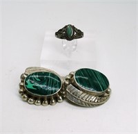 Vintage Malachite Earrings & Ring 925