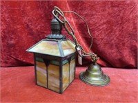Old Leaded glass light fixture w/chain.