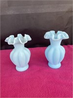 Vintage Fenton pair blue satin vases