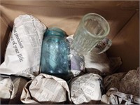 Misc glass pcs, 2 boxes of jars and glass cups