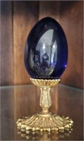Blue Glass Egg on Pedestal