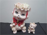 2 VTG Pink Porcelain Cat & Kitten Matching Set No