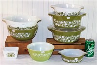 8 Pieces of Spring Blossom Green Pyrex Bowls, +