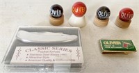 10 Oliver marbles w/ bases, knife & money clip