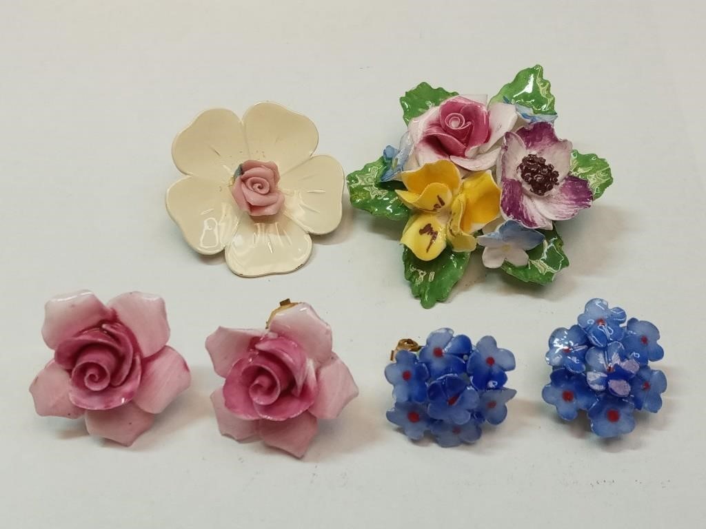 OF) English bone china clip-on earrings and pins