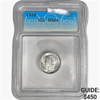 1918 Mercury Silver Dime ICG MS64