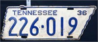 Vintage 1936 Tennesse State Shape License Plate