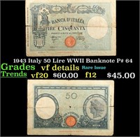 1943 Italy 50 Lire WWII Banknote P# 64 Grades vf d
