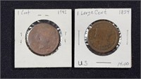 1842 & 1854 US Braided Hair Large Cent Coins