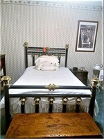 Brass and gun full size metal bed & bedding