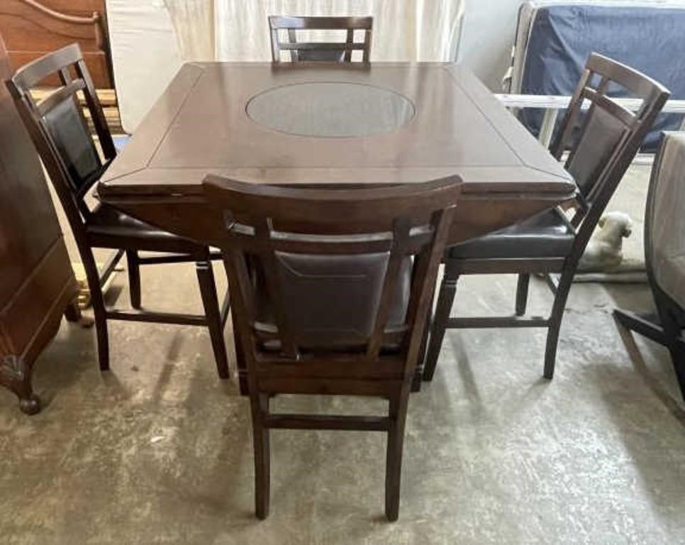Bar Height Wooden Table w/ Lazy Susan & 4 Chairs