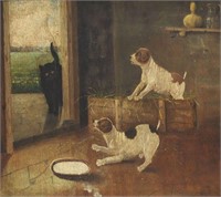 ENGLISH SCHOOL PANEL PAINTING PUPPIES & BLACK CAT