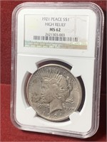 NICE KEY 1921 HIGH RELIEF SILVER PEACE DOLLAR MS62