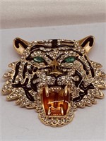 Lg Rhinestone Tiger Head Brooch w/ Emerald