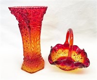 Vintage Amberina Glass Vase and Basket