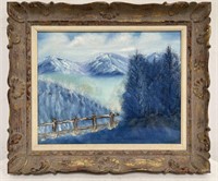 Framed oil on canvas winter mountain landscape