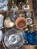 LARGE BOX OF SILVER PLATE, BRASS BOOKENDS, ETC.