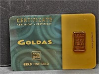 2.5 Gram Gold Bar & Certificate